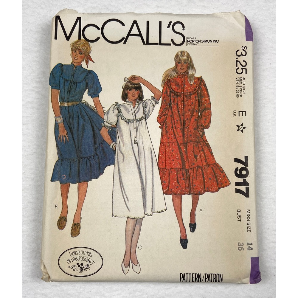 Vintage 1982 McCalls 7917 Laura Ashley Prairie Dress Sewing Pattern Size 14